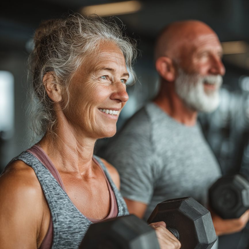 Група літніх людей займається йогою на свіжому повітрі